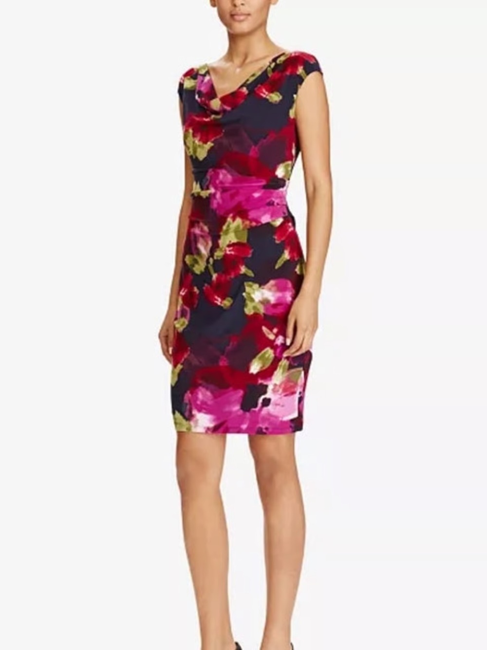 Lauren Ralph Lauren Floral Sheath Dress Pink Purple Black Cowl Neck Size 16W - Picture 11 of 11